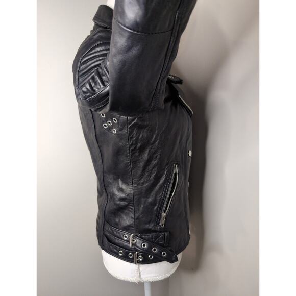 Genuine soft leather black ribbed buckle moto jacket - Picture 7 of 10